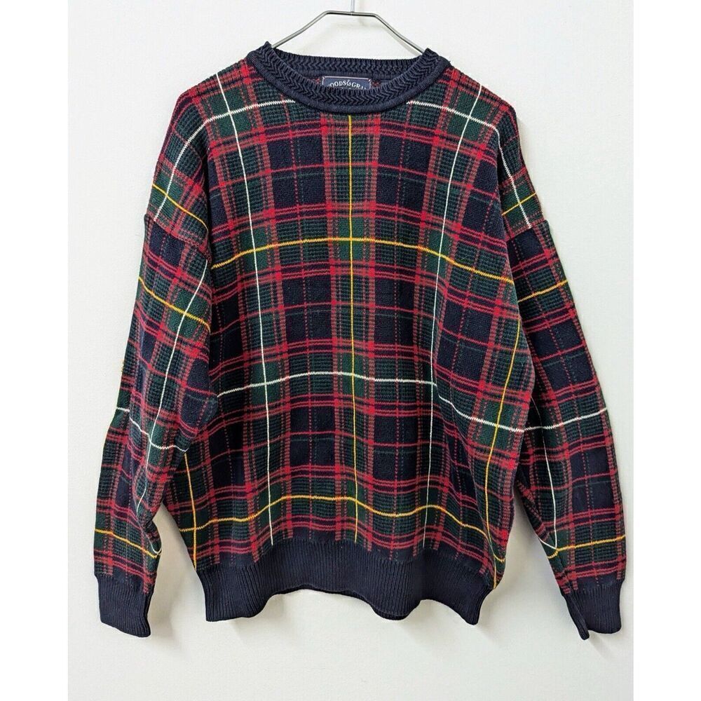 Vintage Woods & Gray  Sweater Men’s Large Blue Green Red Plaid‎ Grandpa Cottage
